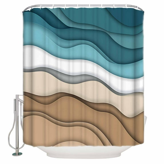 Turquoise Brown Ombre Shower Curtain, 60" x 72", Turquoise Gradient Abstract Wave Geometric Waterproof Bathroom Curtain Washable Shower Curtain Set with 12 Hooks