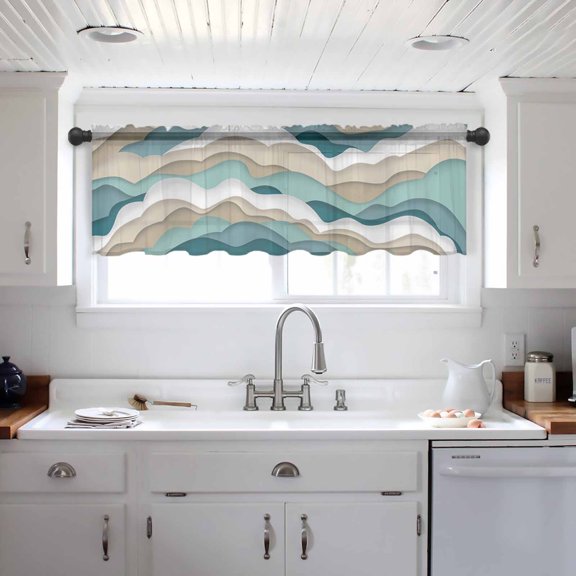 Turquoise Brown Ombre Valance Curtains for Kitchen/Living Room/Bathroom/Bedroom Window, Modern Geometric Moire Abstract Art Rod Pocket Small Topper Half Short Window Curtains Sheer Scarf 60"x18"