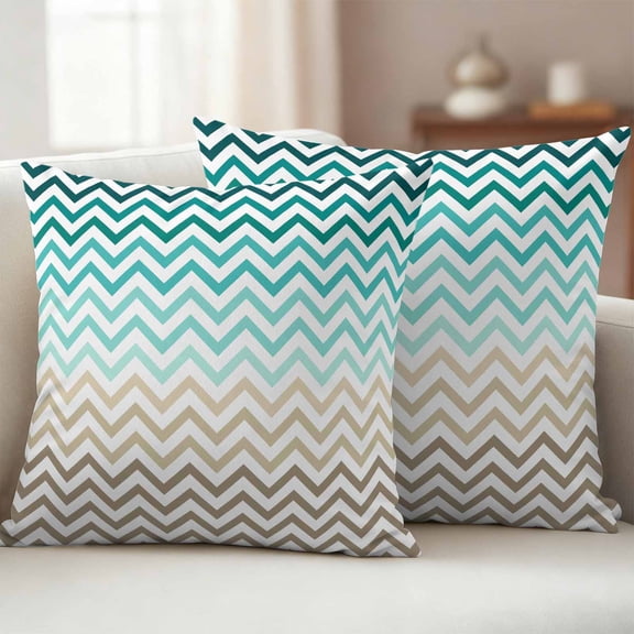 Turquoise Brown Outdoor Waterproof Throw Pillow Covers 16x16 Set of 2, Gradient Geometric Stripes Chevron Wave Decorative Pillowcases Cushion Pillowcase for Couch Sofa Patio Outside Pillow Protector