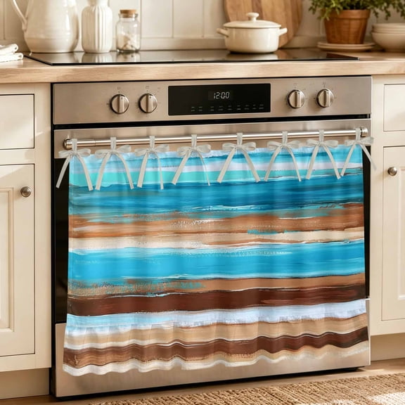 Turquoise Brown Oven Skirt Curtain 30"Wx21.5"L, Waterproof Ruffled Stove Cover Skirt with 8 Ribbon Ties, Gradient Rustic Ocean Wood Grain Decorative Oven Door Curtains for Kitchen Dishwasher Cabinet