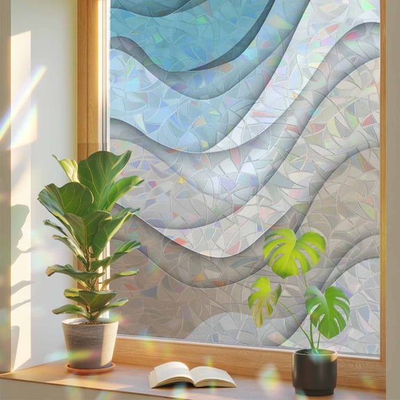 Turquoise Brown Privacy Window Film, Decorative Stained Glass Window Film, Teal White Geometric Gradient Stripes Resuable Rainbow Static Cling for Home Bathroom Living Room Glass Door 17.7"x39.3"
