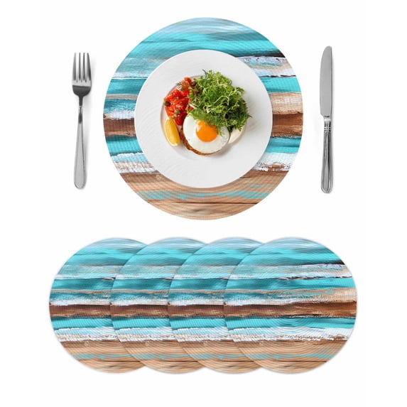 Turquoise Brown Round 13 Inch Placemats Set of 4, Abstract Wood Grain Gradient Stripes HeatResistant Non Slip Place Mats for Dining Table, Wipeable Braided Kitchen Table Mats for Housewarming