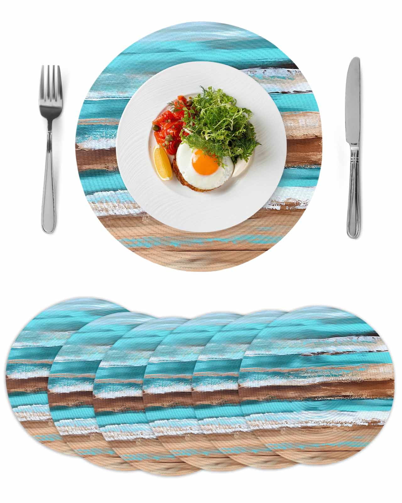 Turquoise Brown Round 13 Inch Placemats Set of 6, Abstract Wood Grain Gradient Stripes HeatResistant Non Slip Place Mats for Dining Table, Wipeable Braided Kitchen Table Mats for Housewarming