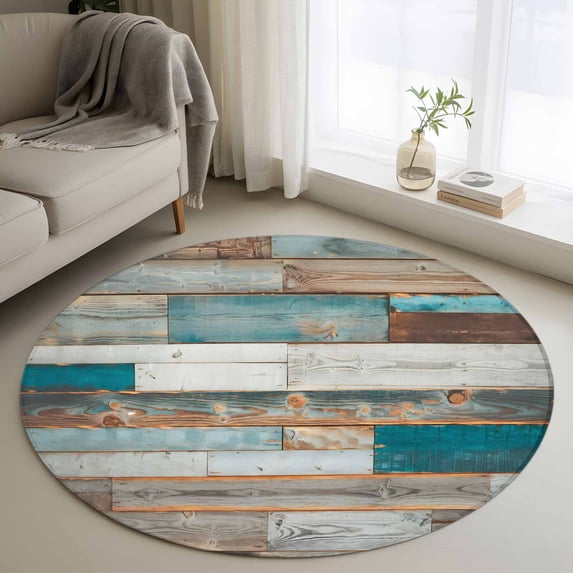 Turquoise Brown Round Area Rug 3.3 FT, Non Slip Small Entryway Kitchen Mat, Vintage Country Ombre Wooden Grain Washable Soft Circular Rug Non-Shedding Door Mat for Bathroom Playroom Kids Room