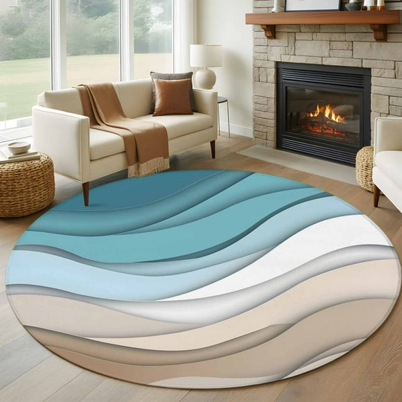 Turquoise Brown Round Area Rug 5 FT, Non Slip Bedroom Area Rug, Teal White Geometric Gradient Stripes Washable Soft Circular Carpet Non-Shedding Floor Mat for Kitchen Dining Room Foyer Balcony Dorm