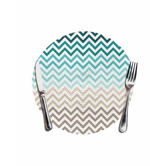 Turquoise Brown Round Placemats for Dinning Tables,Heat-proof Braided Table Mats 13 Inch,Gradient Geometric Stripes Chevron Wave Washable Place Mat for Kitchen Restaurant Party Decor Table Setting