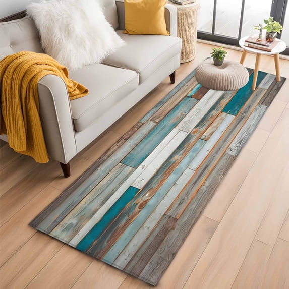 Turquoise Brown Runner Rug 2x6 FT,Non Slip Hallway Rugs,Vintage Country Ombre Wooden Grain Washable Soft Floor Carpet Throw Runner Carpet Long Rugs for Entryway Kitchen Bedside Sliding Door