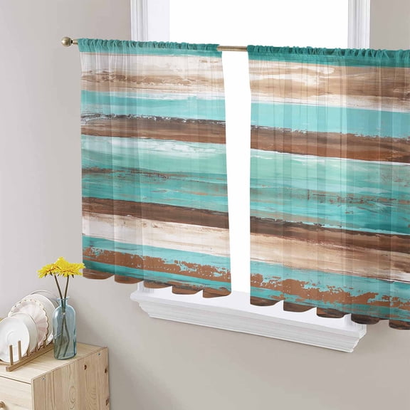 Turquoise Brown Semi Sheer Curtains 45 Inch Length 2 Panels Set, Watercolor Modern Abstract Striped Sheer Kitchen Curtain Privacy Voile Window Curtain for Living Room Bedroom Rod Pocket Drapes