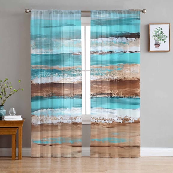 Turquoise Brown Semi Sheer Curtains 72 Inch Length 2 Panels Set, Abstract Wood Grain Gradient Stripes Sheer Kitchen Curtain Privacy Voile Window Curtain for Living Room Bedroom Rod Pocket Drapes