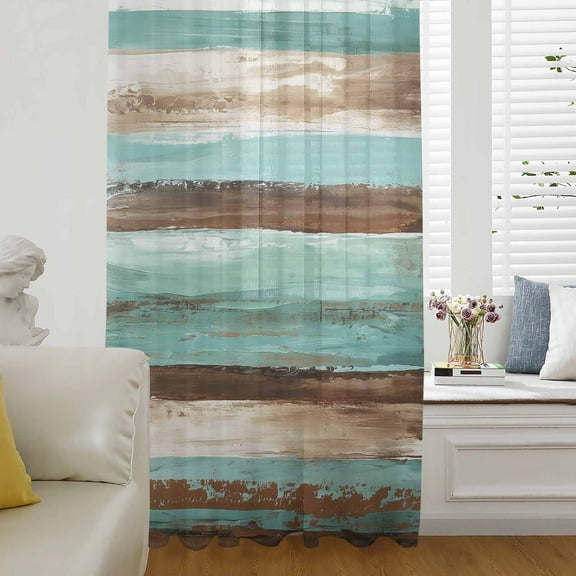 Turquoise Brown Semi Sheer Curtains Drapes for Living Room, Bedroom, French Doors Window 63 Inches Long, Watercolor Modern Abstract Striped Rod Pocket Chiffon Curtain Drapery Voile Draperies Panel