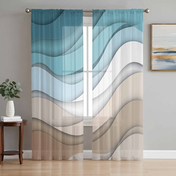 Turquoise Brown Semi Sheer Window Curtains 84 Inches Long, Teal White Geometric Gradient Stripes Rod Pocket Voile Silky Chiffon Curtain Light Filtering Drapes for Living Room, 52"x84", 2 Panels