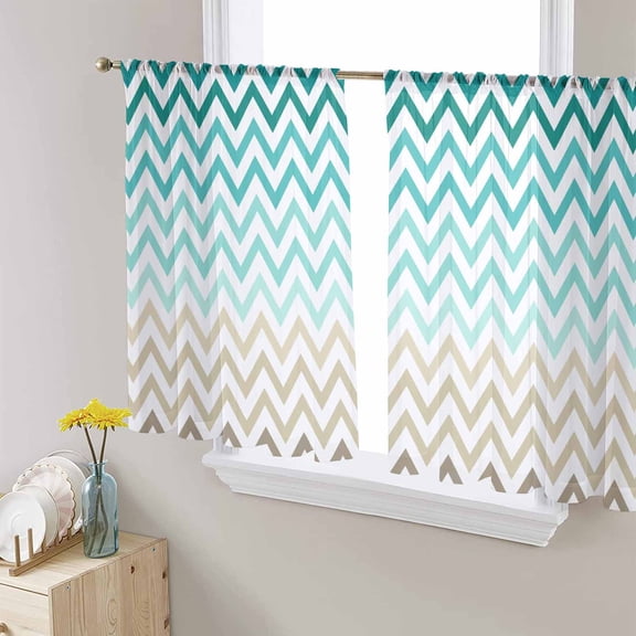 Turquoise Brown Sheer Curtains 54 Inches Length 2 Panels Set, Window Sheer Curtains for Living Room/Bedroom, Gradient Geometric Stripes Chevron Wave Light Filtering Rod Pocket Curtain 52'' x 54'' x 2