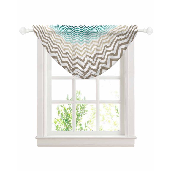 Turquoise Brown Sheer Waterfall Valance Curtains for Window, Gradient Geometric Stripes Chevron Wave Rod Pocket Sheer Topper Swag Curtains for Living Room, Kitchen 38.5"W x 47.2"L, 1 Panel