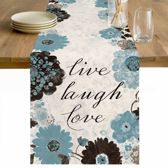 Turquoise Brown Spring Floral Cotton Linen Rectangle Table Runners 13"x48", Retro Summerbotanical Coffee Table Runner Dresser Scarves Luxury Table Runners for Wedding Party Banquet Dinner Decor