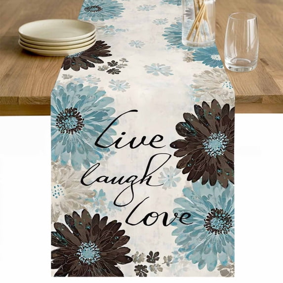 Turquoise Brown Spring Floral Cotton Linen Rectangle Table Runners 13"x60", Vintage Summerbotanical Coffee Table Runner Dresser Scarves Luxury Table Runners for Wedding Party Banquet Dinner Decor
