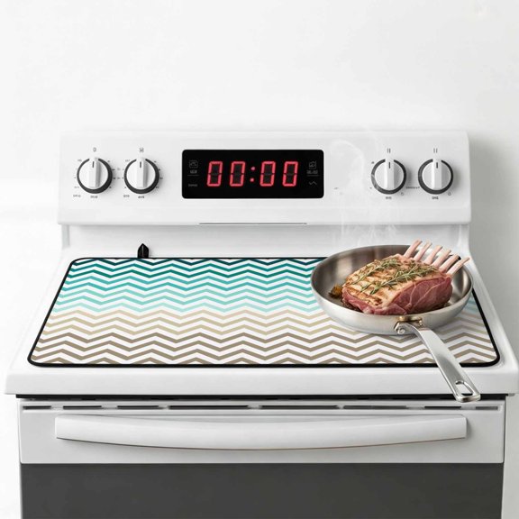Turquoise Brown Stove Top Cover for Electric Stove, Heat-proof & Non Slip Glass Top Stove Cover Protector, Gradient Geometric Stripes Chevron Wave Kitchen Flat Cooktop Rubber Mat 28.5x20.5 Inches