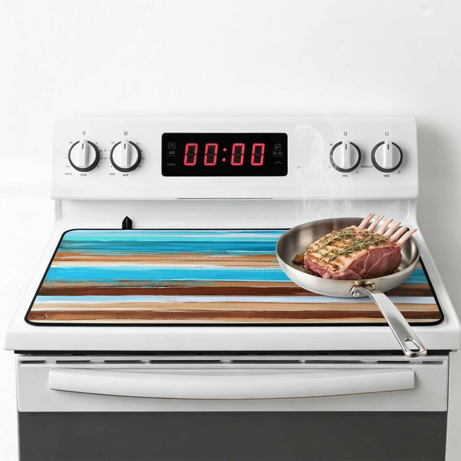 Turquoise Brown Stove Top Cover for Electric Stove, Heat-proof & Non Slip Glass Top Stove Cover Protector, Gradient Rustic Ocean Wood Grain Kitchen Flat Cooktop Rubber Mat 24x21 Inches