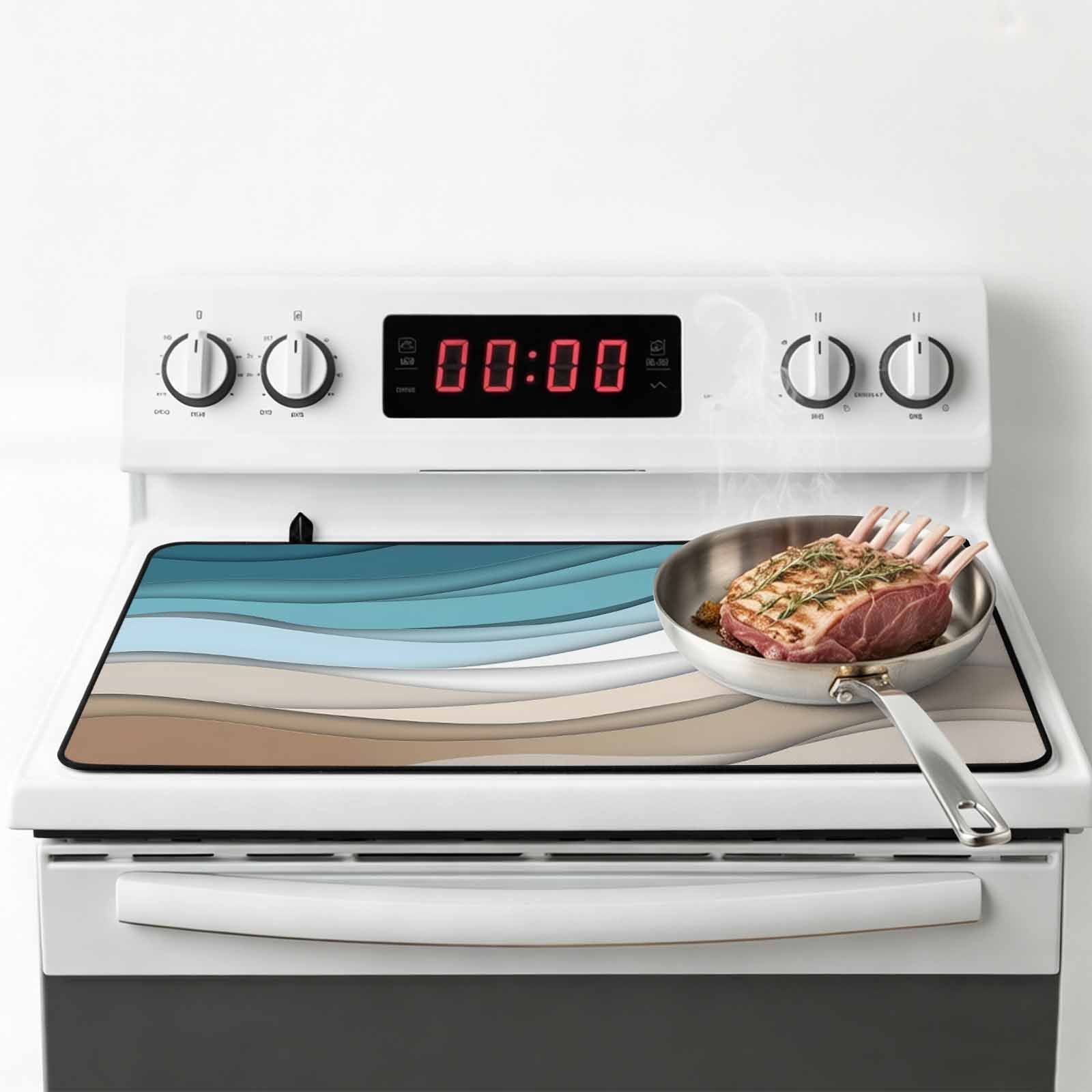 Turquoise Brown Stove Top Cover for Electric Stove, Heat-proof & Non Slip Glass Top Stove Cover Protector, Teal White Geometric Gradient Stripes Kitchen Flat Cooktop Rubber Mat 28.5x20.5 Inches