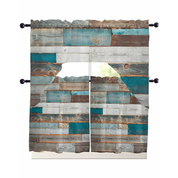 Turquoise Brown Swag Kitchen Curtains Sets for Windows 24 Inch Length, Vintage Country Ombre Wooden Grain Short Window Curtain Panels Swags Valances and Tiers 3 Piece Set for Cafe/Dining Room