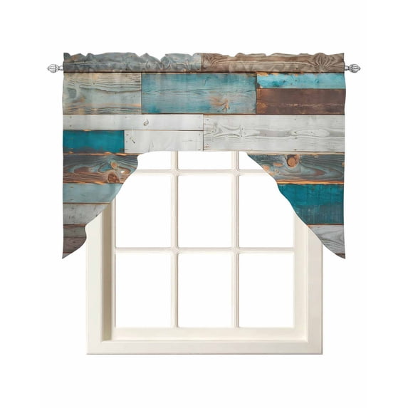 Turquoise Brown Swag Valances for Windows, Small Curtains Drapes, Vintage Country Ombre Wooden Grain Kitchen Window Curtains Over Sink Rod Pocket Window Treatment Valance for Bedroom/Bathroom 56"x36"