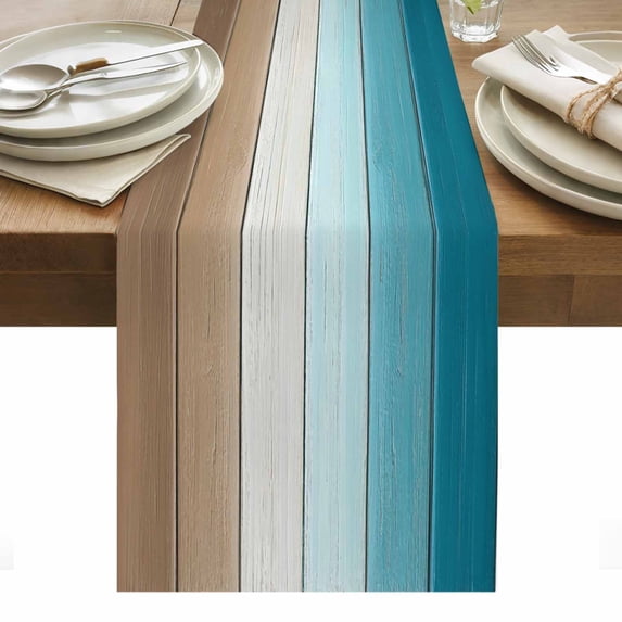 Turquoise Brown Table Runner - 36 Inch Long, Kitchen Dining Table Runner Dresser Scarves, Farmhouse Retro Wooden Grain Striped Farmhouse Decor for Coffee Tables Wedding Party Banquet