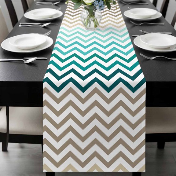 Turquoise Brown Table Runner 36 Inches Long, Gradient Geometric Stripes Chevron Wave Kitchen Coffee Dining Table Decoration for Home Party Birthday Wedding Home Decor 13x36 Inches