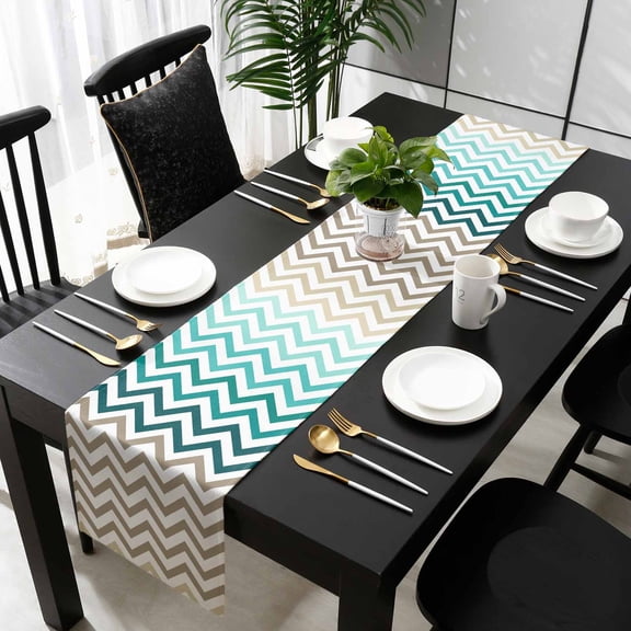 Turquoise Brown Table Runner 36 Inches Small - Gradient Geometric Stripes Chevron Wave Kitchen Dining Burlap Linen Tablerunner for Small/Round/Square/Wedding/Coffee/Dining Table Party Décor 13 x 36