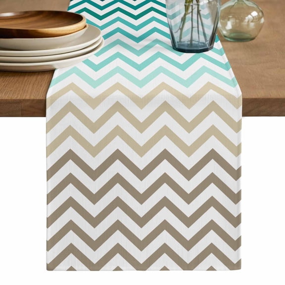 Turquoise Brown Table Runner, Gradient Geometric Stripes Chevron Wave Washable Cotton Linen Table Runners 36 Inches Long, Dresser Scarf Runner for Nightstand/End Tables/Round Tables 13''x36''