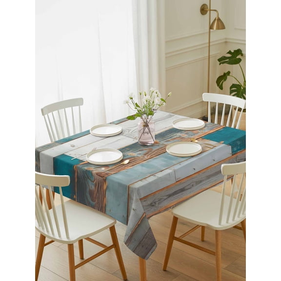 Turquoise Brown Tablecloth Rectangle Table Cloth 52x70, Waterproof Tablecloth Outdoor Table Cloth, Vintage Country Ombre Wooden Grain Washable Table Cover for Kitchen Dinning Party