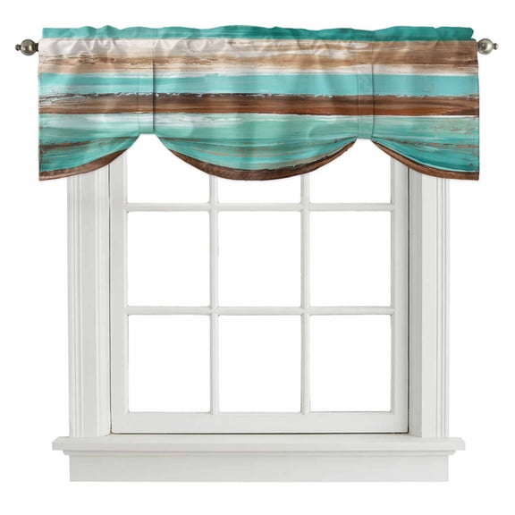 Turquoise Brown Tie Up Valance Curtains for Windows, Kitchen Curtains Window Shades, Watercolor Modern Abstract Striped Light Filtering Roman Curtain Valances for Bedroom/Bathroom/Cafe 42"x12"