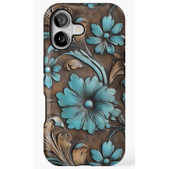 Turquoise Brown Tooled Leather Texture Look Western Style Print Phone Case for iPhone 17 16 15 14 13 12 11 Pro Max