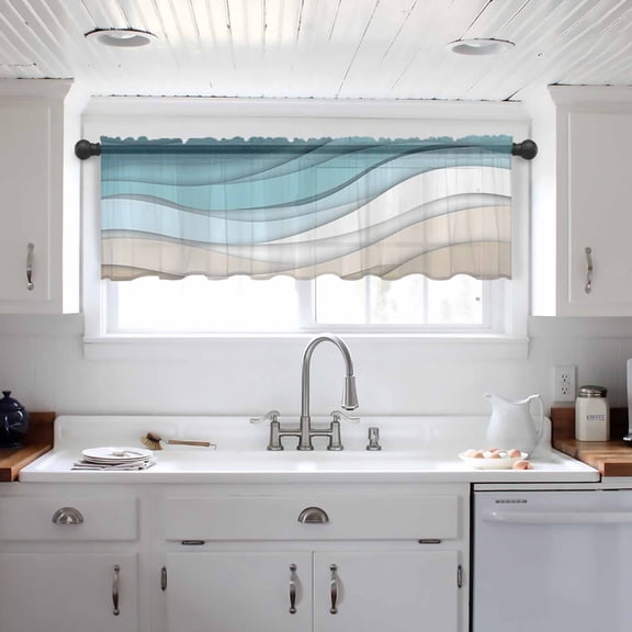 Turquoise Brown Valance Curtains for Kitchen/Living Room/Bathroom/Bedroom Window, Teal White Geometric Gradient Stripes Rod Pocket Small Topper Half Short Window Curtains Voile Sheer Scarf 42"x12"