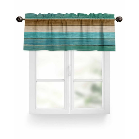 Turquoise Brown Valances for Windows Wooden Board Gradient Farmhouse Country Valance Rod Pocket Light Filtering Short Window Treatments Curtains for Kitchen Bathroom Living Room Bedroom, 42 x 18 Inch