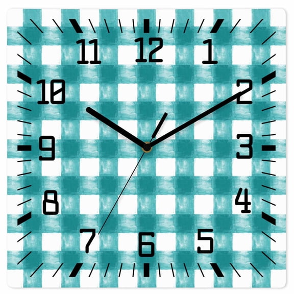 Turquoise Buffalo Check Wooden Wall Clock Silent Non Ticking, Farmhouse Modern Teal Plaid Square Wall Clocks Battery Operated, Decor Clock for Home Office, Living Room, Kitchen, 10 Inch