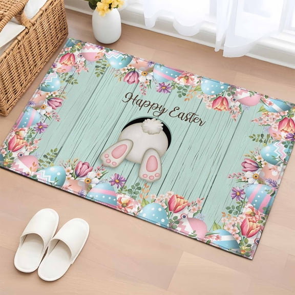 Turquoise Bunny Easter Entryway Rug 2'x3' Non Slip Front Door Mats, Eggs Spring Floral Rabbits Wooden Entrance Rugs Indoor Outdoor Carpet, Washable Floor Mats Small Area Rug for Bedroom Kitchen