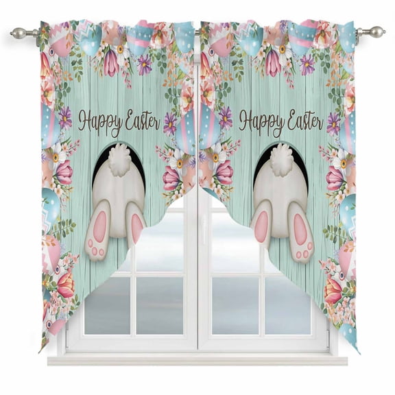 Turquoise Bunny Easter Swag Valances for Windows 2 Pack, Kitchen Window Curtains 36 Inch Length, Eggs Spring Floral Rabbits Wooden Privacy Swag Curtains for Living Room/Bathroom 36"x36"