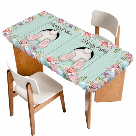 Turquoise Bunny Easter Table Cloths for 3 Foot Rectangle Tables, Eggs Spring Floral Rabbits Wooden Patio Waterproof Elastic Fitted Tablecloths, Washable Rectangular Table Cover for Camping