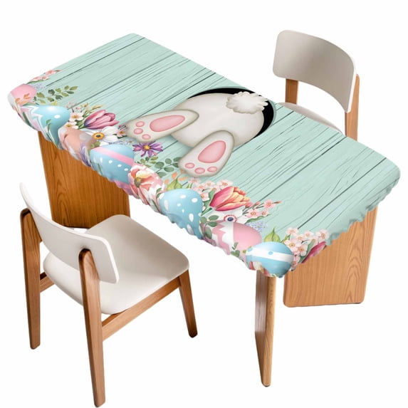 Turquoise Bunny Easter Table Cloths for 5 Foot Rectangle Tables, Blue Pink Eggs Rabbits Wooden Patio Waterproof Elastic Fitted Tablecloths, Washable Rectangular Table Cover for Camping