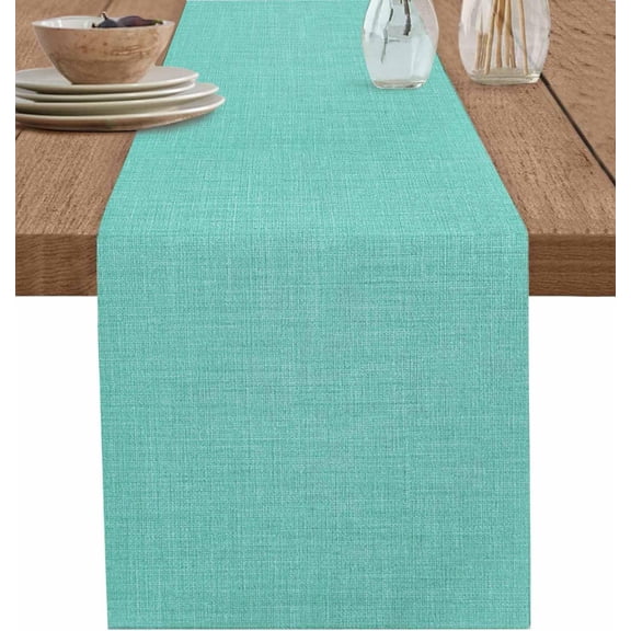 Turquoise Burlap Texture Table Runner, Washable Cotton Linen Table Runners 48 Inches Long, Farmhouse Vintage Aqua Dresser Scarf Runner for Nightstand/Coffee/End Tables 13x48 Inches