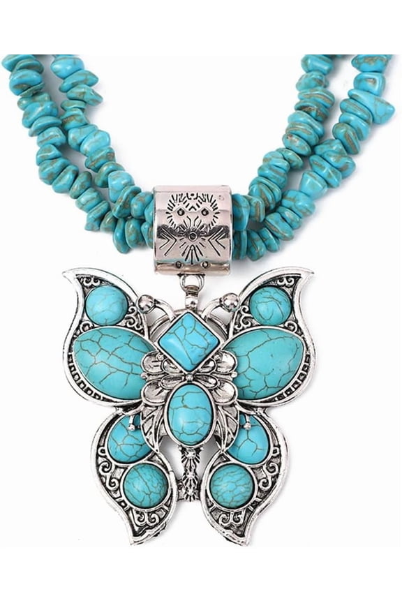 Turquoise Butterfly Layered Necklace for Women Irregular Stone Turquoise Necklace Pendant Choker Antique Native Western Jewelry Bohemian Birthday Summer Holiday Jewelry Gift for Her