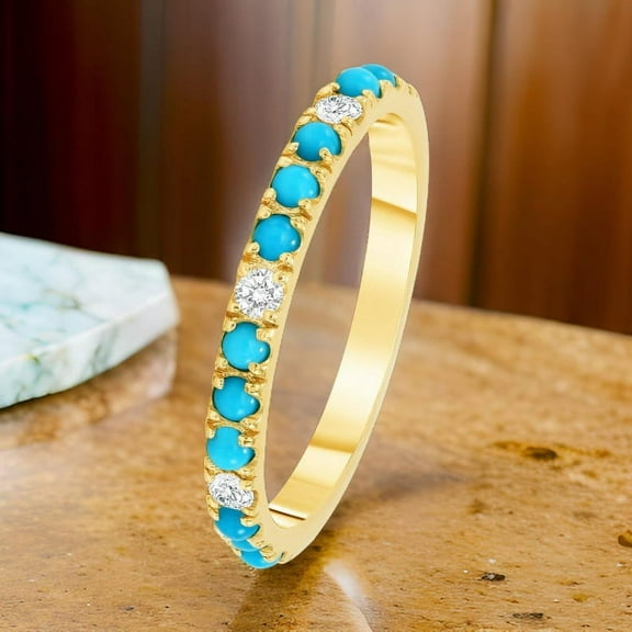 Women’s Turquoise CZ Eternity Ring – 925 Sterling Silver or 14K Gold Plated Wedding Band, Birthstone Gemstone Ring