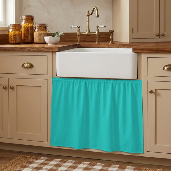 Turquoise Cabinet Curtains 28"W x 35"L, Modern Pure Turquoise Under Sink Skirt for Bathroom Vanity Kitchen Self Adhesive, Dust-Proof Privacy Curtain for Closet Shelves Laundry Room