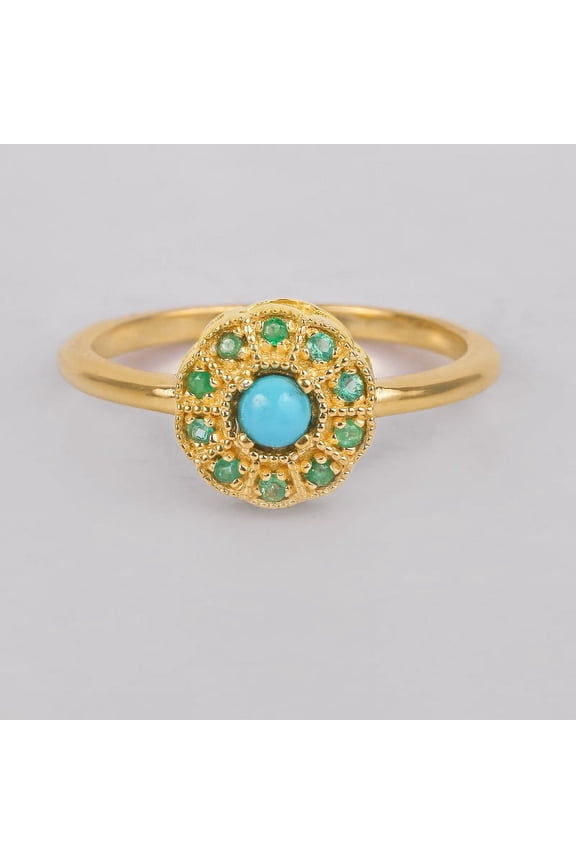 Turquoise Cabochon and Halo Emerald Statment Band Ring, 925 Starling Silver Art Deco Beads Band Ring, May Emerald Birthstone Vintage Ring, Unique Fine Jewelry Ring.