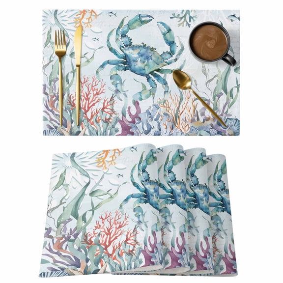 Turquoise Carbs Coastal Placemats Set of 4, Nautical Summer Beach Coral Jellyfish Placemats for Dining Table, Place Mats for Kitchen Tabletop, Waterproof Wipeable Dining Table Mats Set