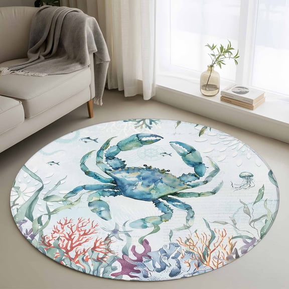Turquoise Carbs Coastal Round Rug 3ft Washable Circle Entryway Rugs Non Slip Nautical Summer Beach Coral Jellyfish Area Rug Indoor Floor Carpet for Bedroom Kitchen Living Room Home Office Dining Room