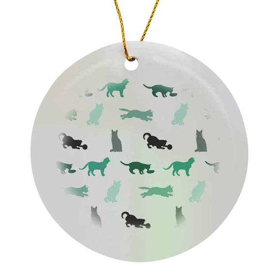 3drose, Turquoise Cat Pattern - Teal Blue Green White - Cats Silhouette Print - Contemporary Modern Stylish, Circle Porcelain Ornament