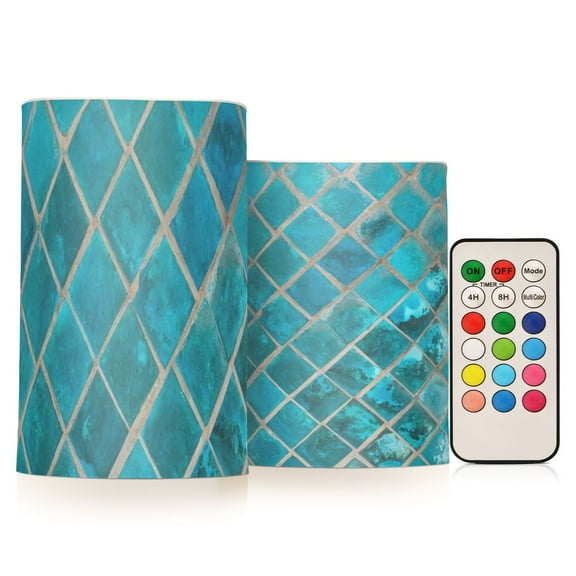 Turquoise Ceramic Mosaic Flickering Flameless Candles Battery Operated with Remote Timer LED Pillar Candles Set of 2