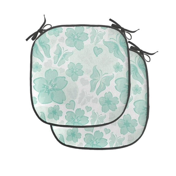Turquoise Chair Seating Cushion Set of 4, Flowers Butterflies Leaves Pattern Springtime Romantic Design Nature, Seat Pads with Anti-slip Backing, 16"x16", Turquoise Seafoam Pearl, by Ambesonne