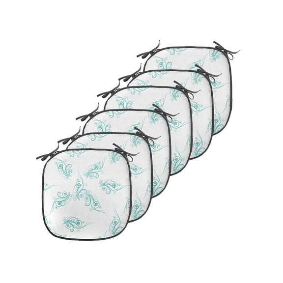 Turquoise Chair Seating Cushion Set of 6, Swirling Flowers Branches Fresh Botanical Curvy Ornamental Lines Springtime Art, Seat Pads for Office with Anti-slip Backing, 16"x16", Turquoise, by Ambesonne