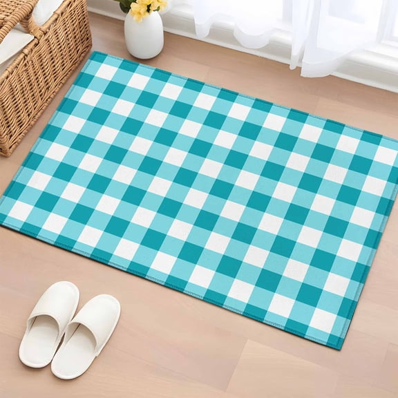 Turquoise Checkered 2'x3' Washable Rug, Farmhouse Buffalo Plaid Non-Slip Soft Doormat Area Rugs for Entrance Bathroom Bedsides, Front Doormat Carpet for Kitchen Bedroom, Entryway Floor Mat